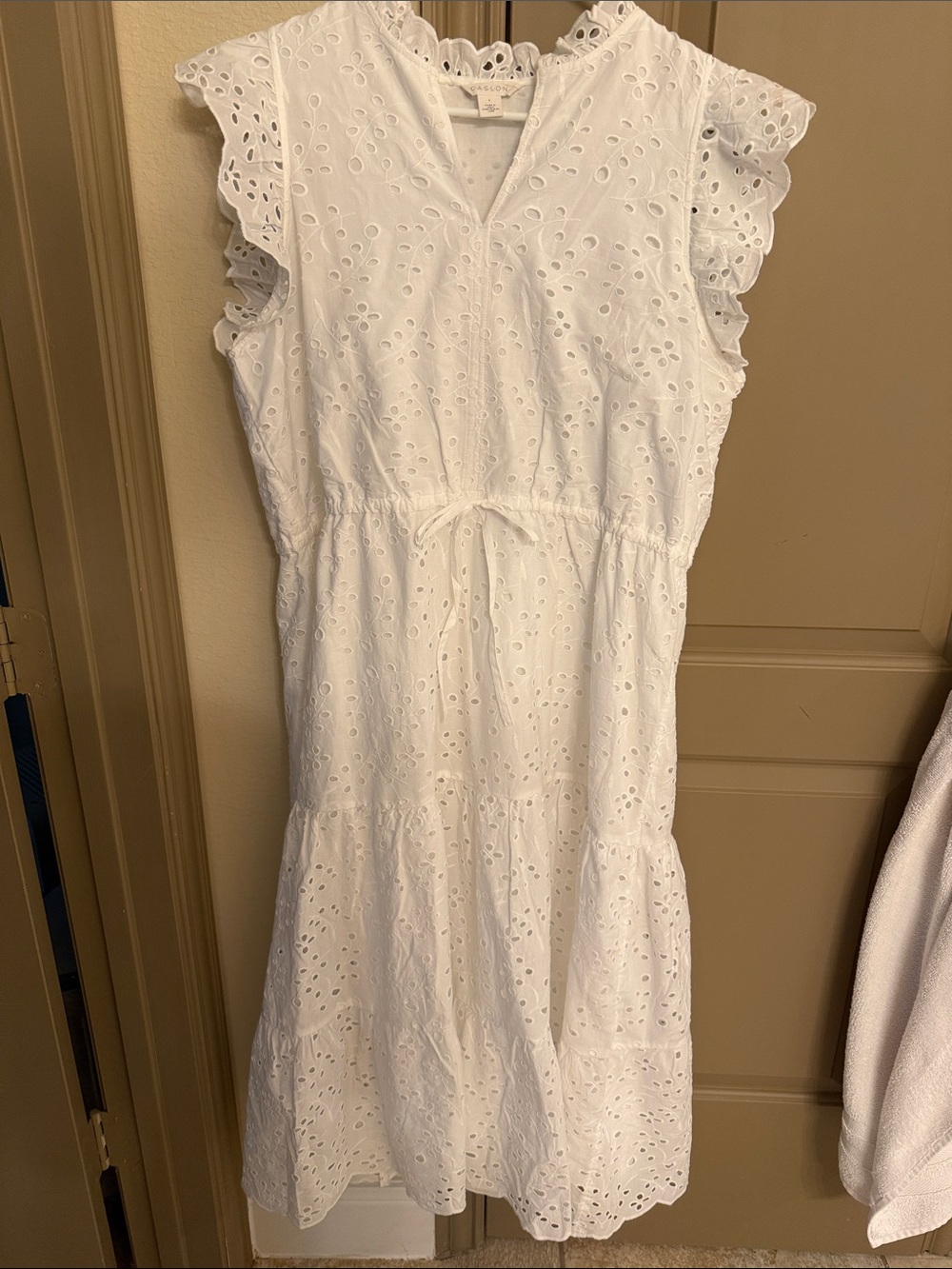 Caslon White Eyelet Ruffle Sleeve Tie-Waist Midi Dress